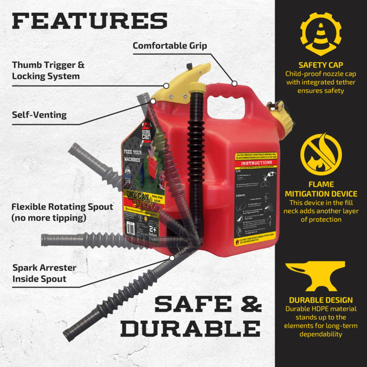 Surecan 5 Gallon Container Type II - Rotating Spout, Self - Venting, & Spill Free, Ideal Large Five Gallon Safety Storage Can (Red, SUR5SFG2) - Build Your Ideas