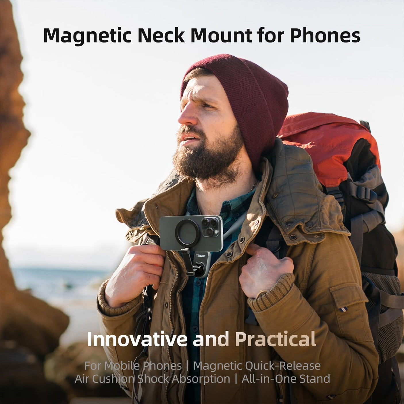 TELESIN Magnetic Neck Mount for Phones, Neck Cell Phone Holder POV/Vlog Selfie Mount Hand Free Phone Neck Holder Chest Stand Strap Video Recording for iPhone 16 15 14 13 12 Seires Android Phones Gray - Build Your Ideas