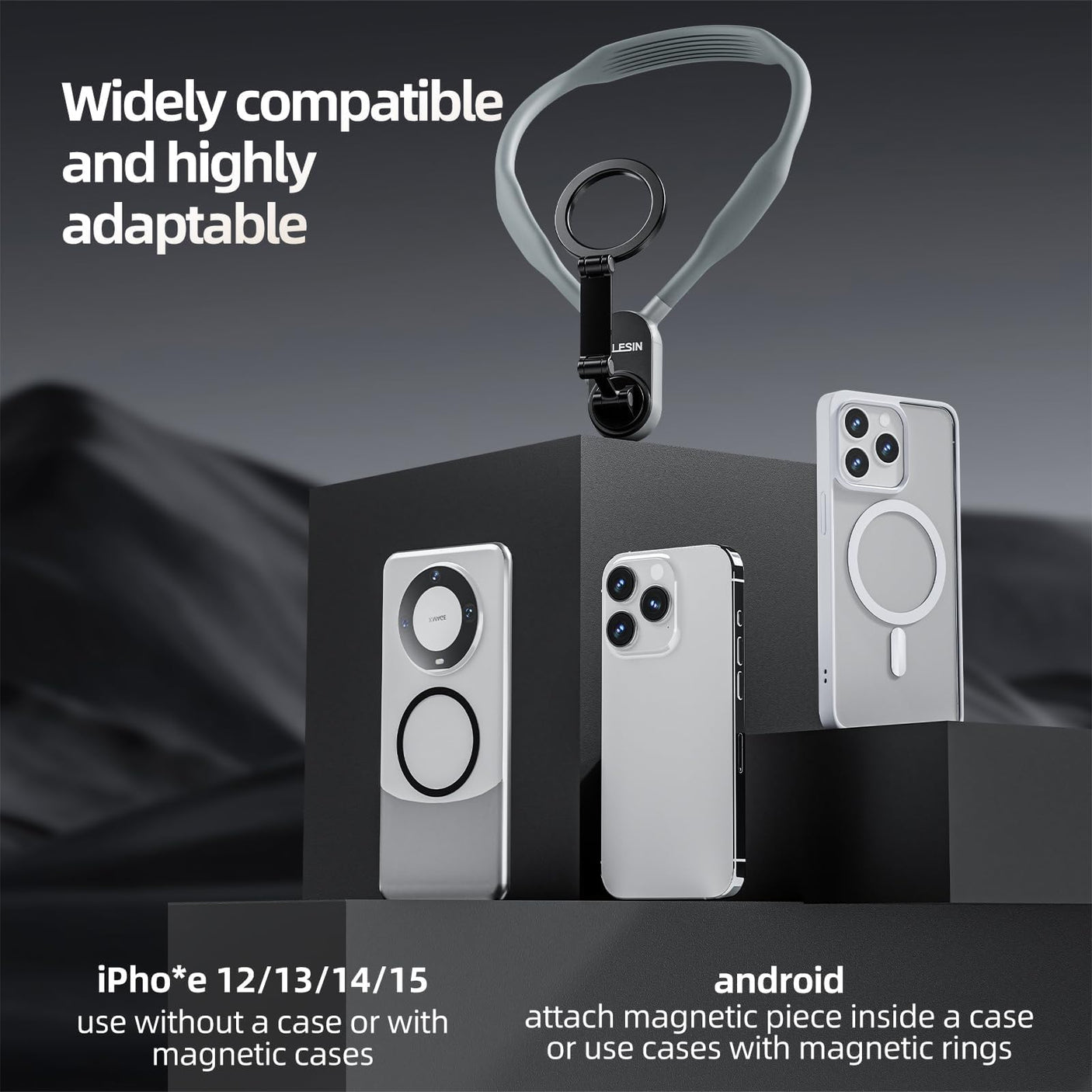 TELESIN Magnetic Neck Mount for Phones, Neck Cell Phone Holder POV/Vlog Selfie Mount Hand Free Phone Neck Holder Chest Stand Strap Video Recording for iPhone 16 15 14 13 12 Seires Android Phones Gray - Build Your Ideas