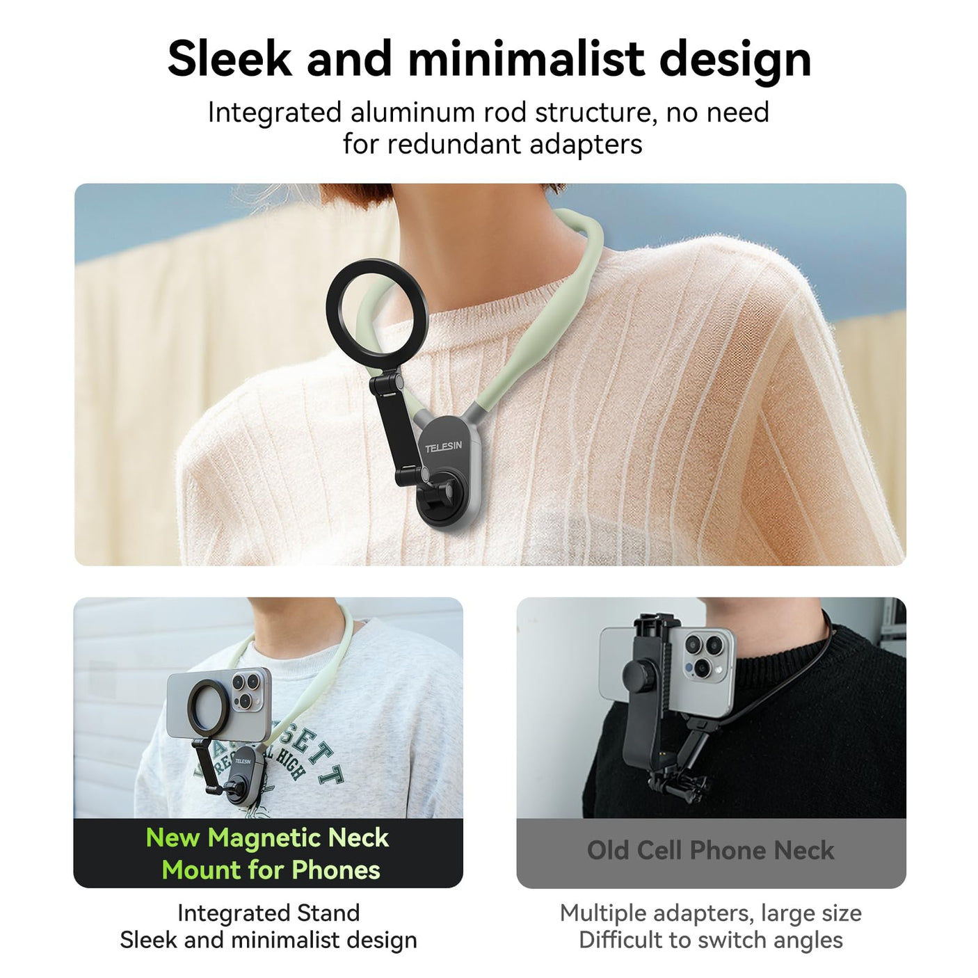 TELESIN Magnetic Neck Mount for Phones, Neck Cell Phone Holder POV/Vlog Selfie Mount Hand Free Phone Neck Holder Chest Stand Strap Video Recording for iPhone 16 15 14 13 12 Seires Android Phones Gray - Build Your Ideas