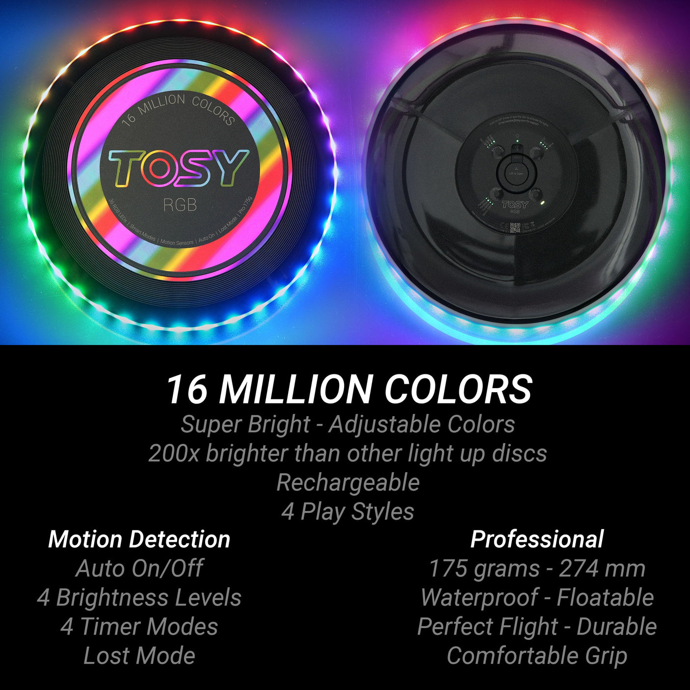 TOSY Flying Disc - 16 Million Color RGB or 36 LEDs, Extremely Bright, Smart Modes, Auto Light Up, Rechargeable, Cool Valentine, Easter, Birthday & Camping Gift for Men/Boys/Teens/Kids, 175g Frisbee - Build Your Ideas
