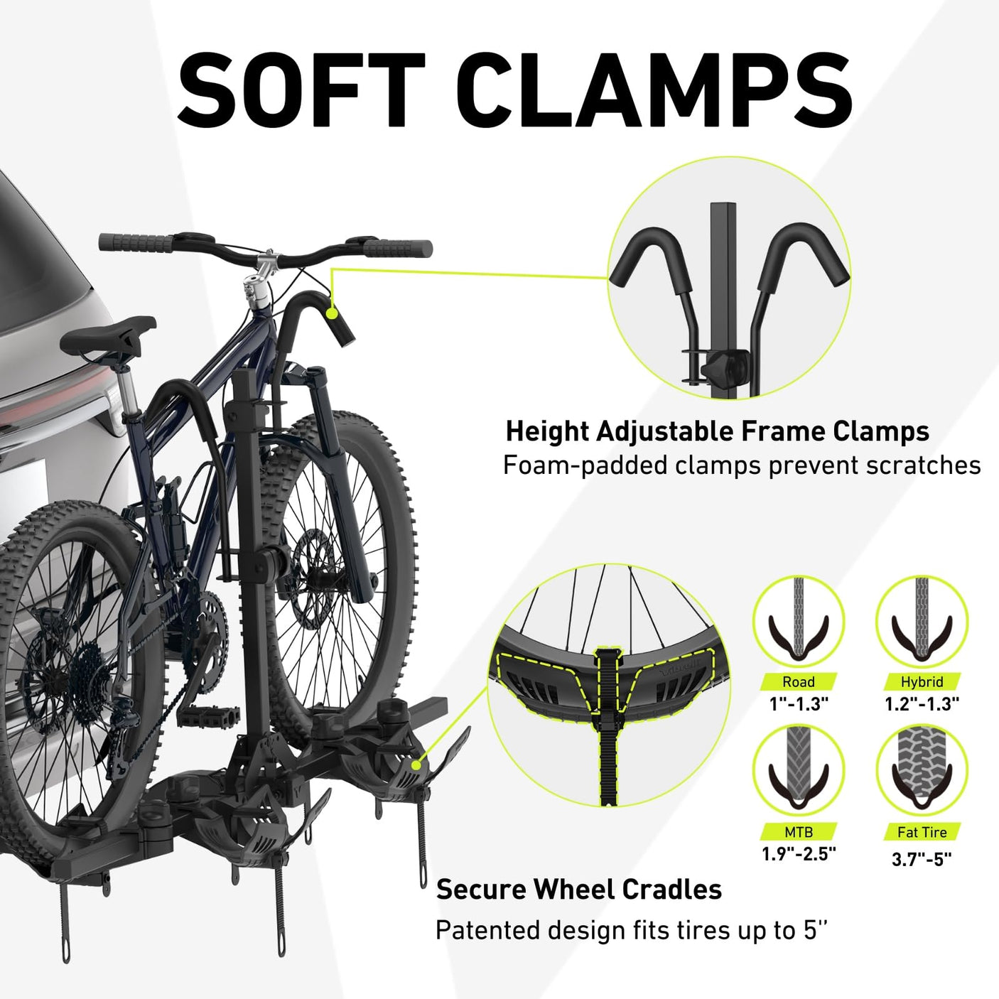 Vibrelli Electric Bike Hitch Rack - 2 Ebike Rack Fits Fat Tire, Mountain Bike, Standard Bicycles - 65lbs per Bike - Patented Anti - Wobble - Cars & SUV - Tilt Down/Fold Up Platform - Locking Tow Mount - Build Your Ideas