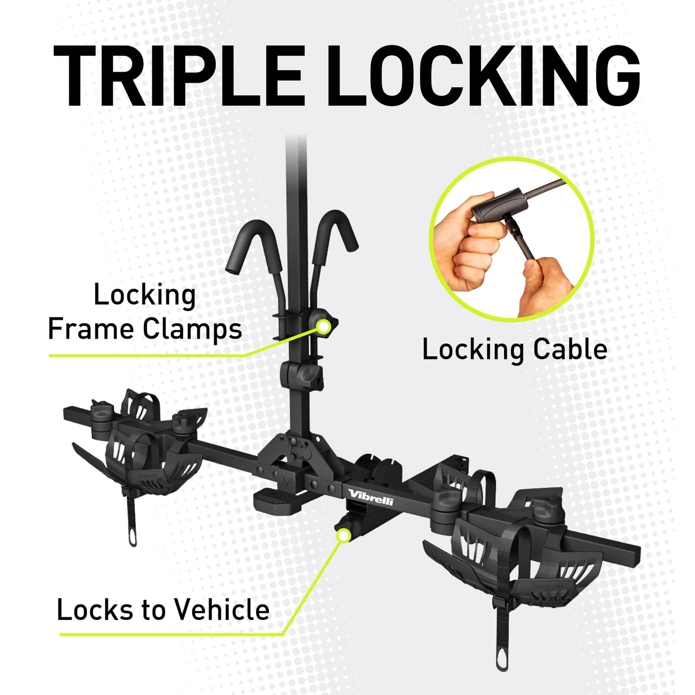 Vibrelli Electric Bike Hitch Rack - 2 Ebike Rack Fits Fat Tire, Mountain Bike, Standard Bicycles - 65lbs per Bike - Patented Anti - Wobble - Cars & SUV - Tilt Down/Fold Up Platform - Locking Tow Mount - Build Your Ideas