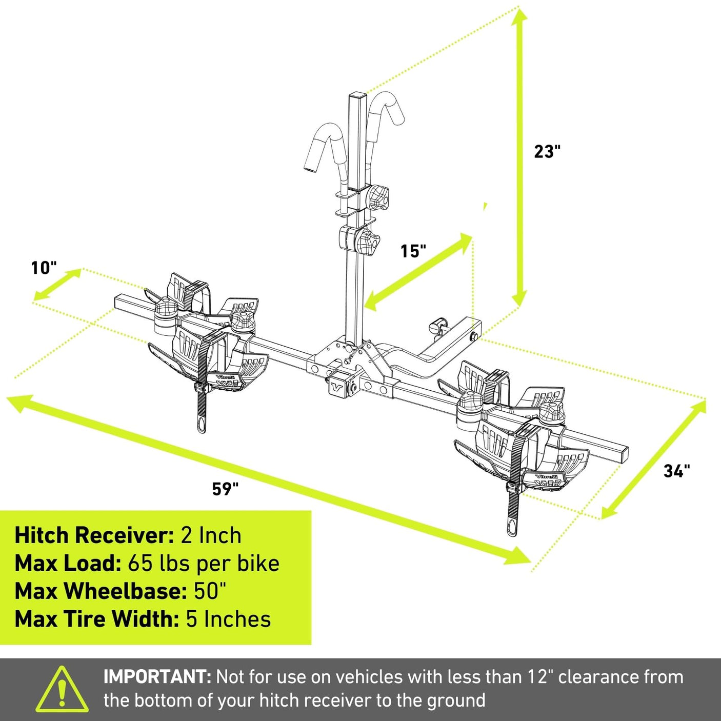 Vibrelli Electric Bike Hitch Rack - 2 Ebike Rack Fits Fat Tire, Mountain Bike, Standard Bicycles - 65lbs per Bike - Patented Anti - Wobble - Cars & SUV - Tilt Down/Fold Up Platform - Locking Tow Mount - Build Your Ideas