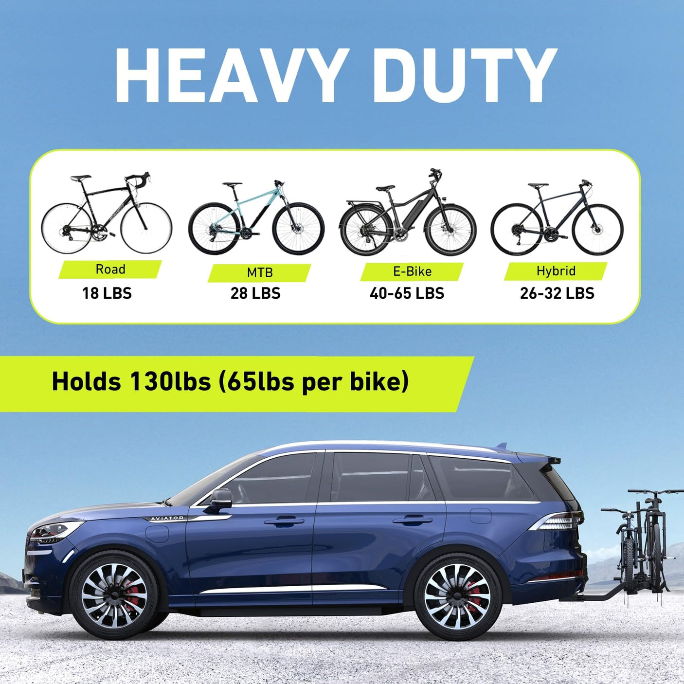 Vibrelli Electric Bike Hitch Rack - 2 Ebike Rack Fits Fat Tire, Mountain Bike, Standard Bicycles - 65lbs per Bike - Patented Anti - Wobble - Cars & SUV - Tilt Down/Fold Up Platform - Locking Tow Mount - Build Your Ideas