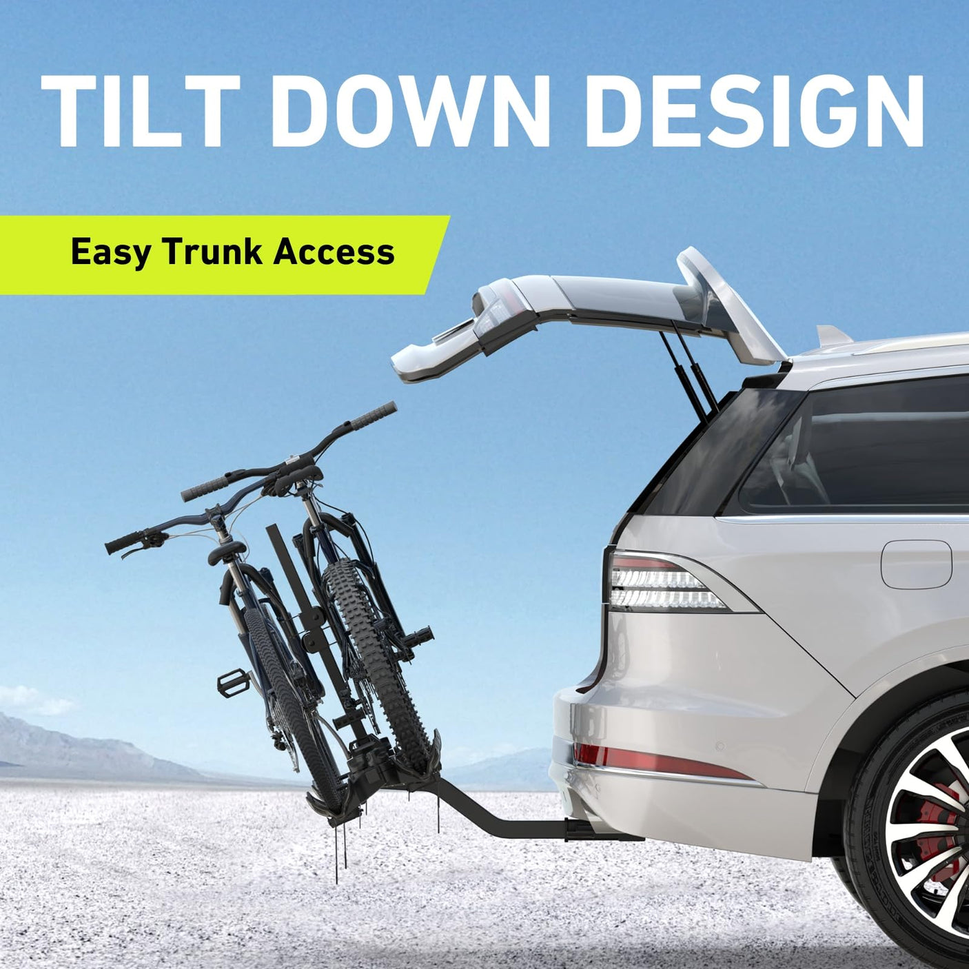 Vibrelli Electric Bike Hitch Rack - 2 Ebike Rack Fits Fat Tire, Mountain Bike, Standard Bicycles - 65lbs per Bike - Patented Anti - Wobble - Cars & SUV - Tilt Down/Fold Up Platform - Locking Tow Mount - Build Your Ideas