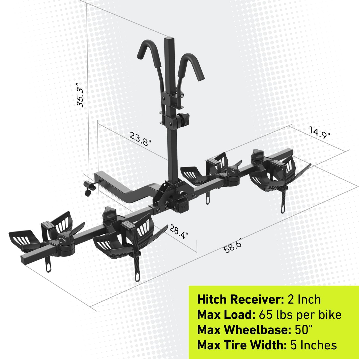 Vibrelli Electric Bike Hitch Rack - 2 Ebike Rack Fits Fat Tire, Mountain Bike, Standard Bicycles - 65lbs per Bike - Patented Anti - Wobble - Cars & SUV - Tilt Down/Fold Up Platform - Locking Tow Mount - Build Your Ideas
