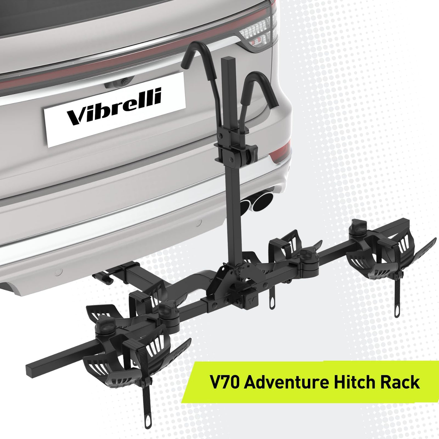 Vibrelli Electric Bike Hitch Rack - 2 Ebike Rack Fits Fat Tire, Mountain Bike, Standard Bicycles - 65lbs per Bike - Patented Anti - Wobble - Cars & SUV - Tilt Down/Fold Up Platform - Locking Tow Mount - Build Your Ideas