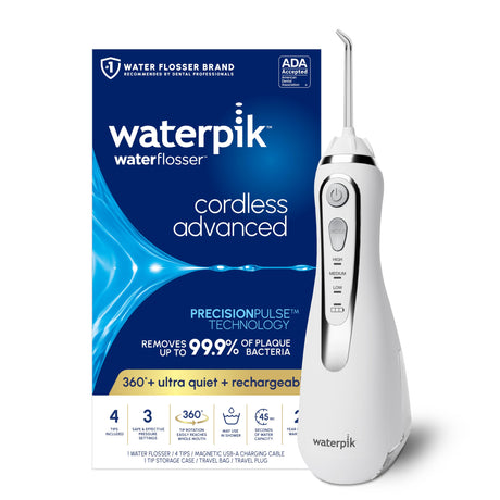 Waterpik Cordless Advanced 2.0 Water Flosser For Teeth, Gums, Braces, Dental Care With Travel Bag and 4 Tips, ADA Accepted, Rechargeable, Portable, and Waterproof, White WP - 580, Packaging May Vary - Build Your Ideas